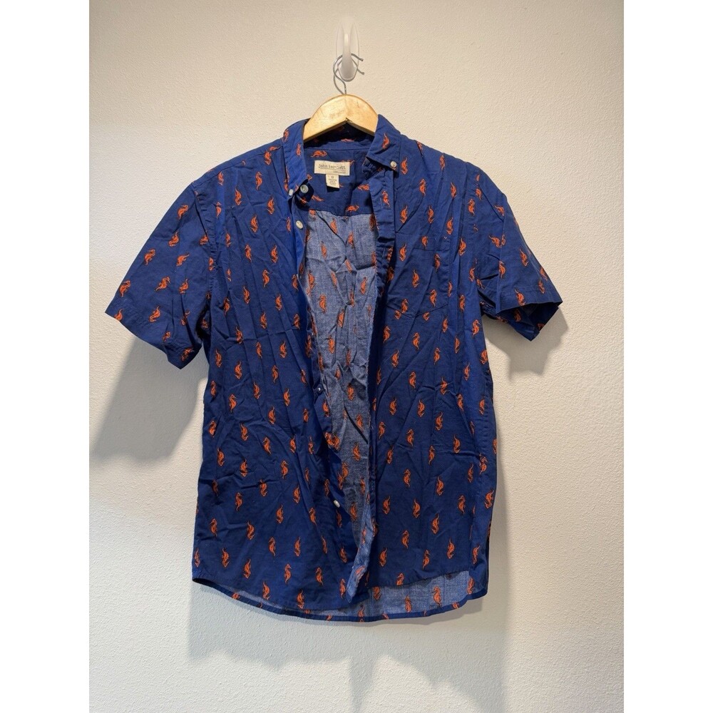 John Bartlett Consensus Seahorse Pattern Button Up Shirt Polo Blue Orange Small